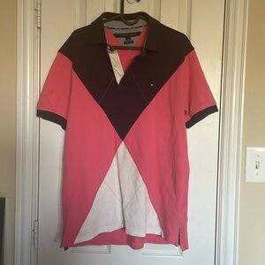 Tommy Hilfiger polo shirt pink and navy and white, size medium y2k